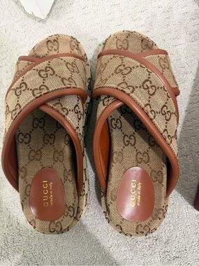 Gucci Brown Beige GG Canvas Crossover Slide Mules